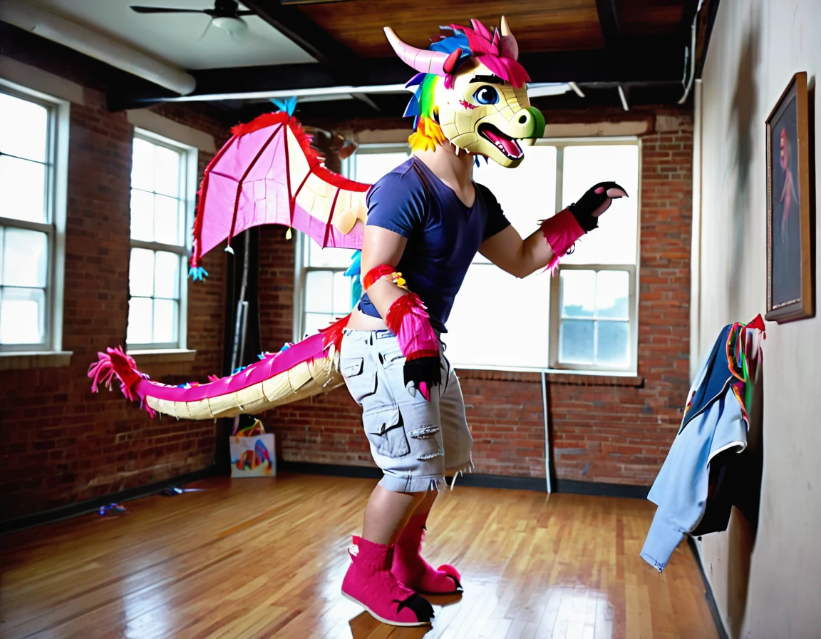 Ultra high resolution, best quality, masterpiece, (involuntary pinata transformation), mid transformation, (a shrunken, terrified, and aroused male human college boy wyvern piñata sexdoll hybrid at college frathouse party:1.9), (upperclassmen gather around in awe to watch you transform:1.65), (you shrink into a mere 2 feet tall and 3 feet long wyvern pinata:1.5), (you are hanging suspended in midair from the dorm ceiling by chains attached to your back, wrists, and ankles:1.95), (wearing loose baggy oversized muscle shirt and sweat pants:1.85), (human feathered wyvern piñata partial hybridization:1.85), (the magic wyvern pinata mask morphs and shrinks you into a wyvern sexdoll piñata:1.6), ((black:1.6) (red:1.45) (pink:1.3) (azul:1.4) (platinum:1.4):2), (part human:1.55), (real life, photorealistic:1.8), (partial feralization:1.7), (NSFW:1.85), (pinata-fication suspension bondage transformation:1.5),