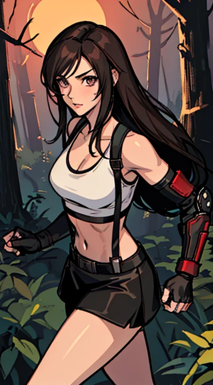 masterpiece, best quality, tifa lockhart, final fantasy vii, (crisis core final fantasy vii), 1girl, anime style, cell shading, long black hair, reddish-brown irises, medium breasts, small waist, perfect figure, athletic physique, highly detailed, expressive eyes, perfect face, white crop top, cleavage, elbow pad, fingerless gloves, suspenders, black leather miniskirt, looking at viewer, walking, front shot, (Background: Outdoors, in the forest, night, moon light luminating on the forest floor)
