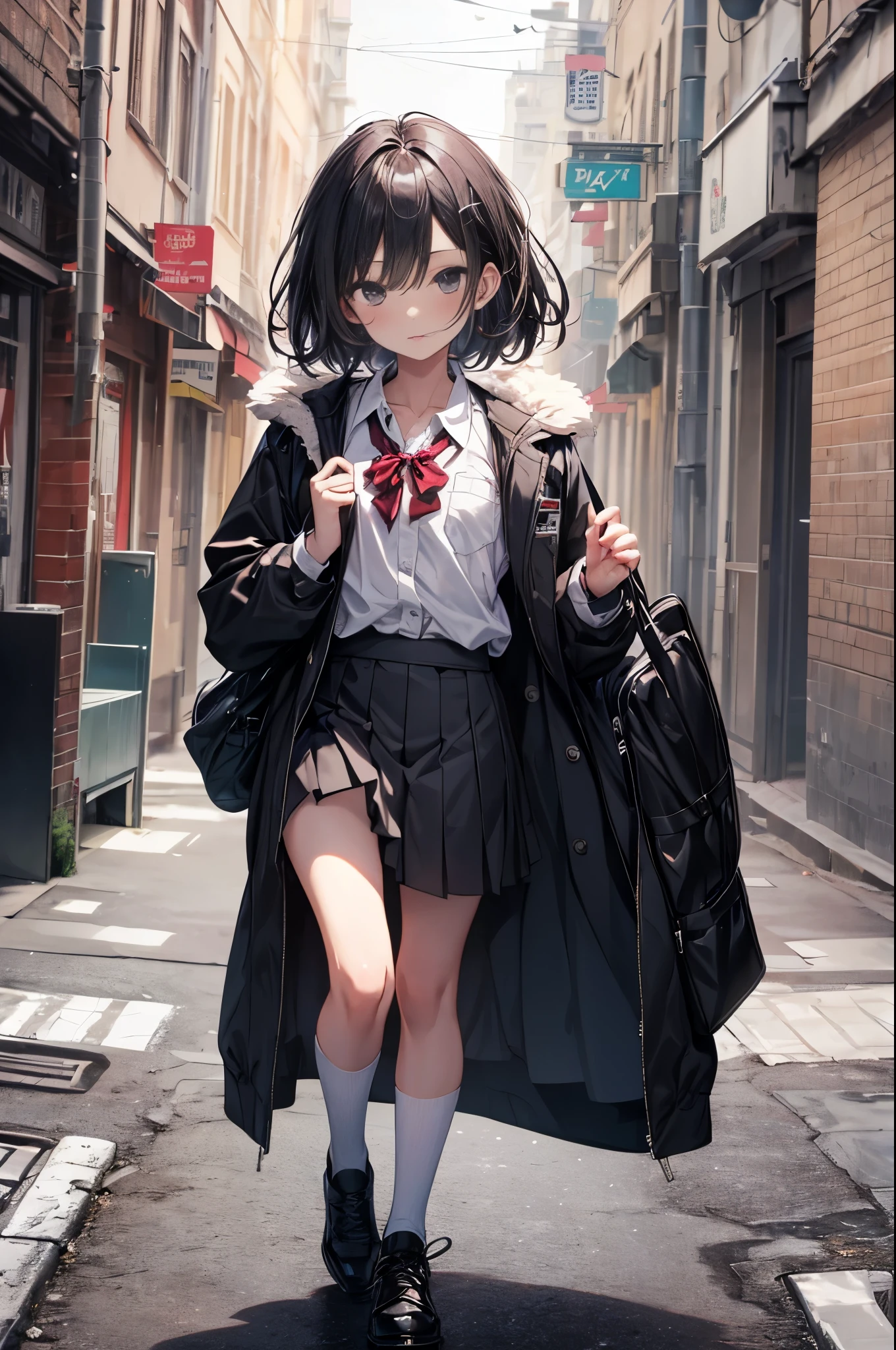 best god quality, Ultra-detailed, anime moe art style,Best Anime 8K Konachan Wallpapers,Pixiv Contest Winner,Perfect Anatomy, (Draw a girl sleepily walking to school. ),BREAK, 1girl a cool beautiful girl, (Solo,Lori,child,13years:1.3),a junior high school student, Androgynous attraction, (Center part very short hair),hair messy, Forehead, Full limbs, complete fingers,flat chest, Small butt, groin, Small eyes,Beautiful detailed black eyes,well-proportioned student,disgusted eye, School uniform, Skirt,On the way to school. BREAK,High resolution,super detailed skin, Best lighting by professional AI, Illustration,