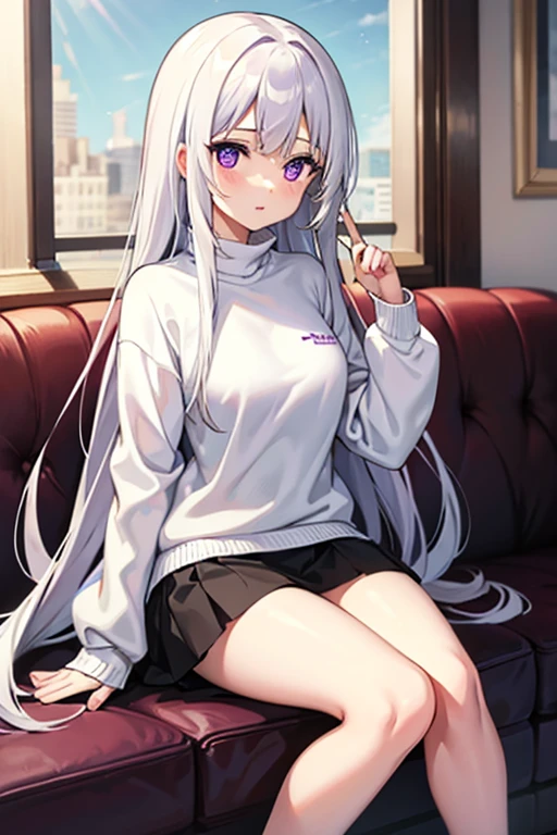 1 girl, long white hair, purple eyes, wearing a white sweater, wearing black skirt, sitting