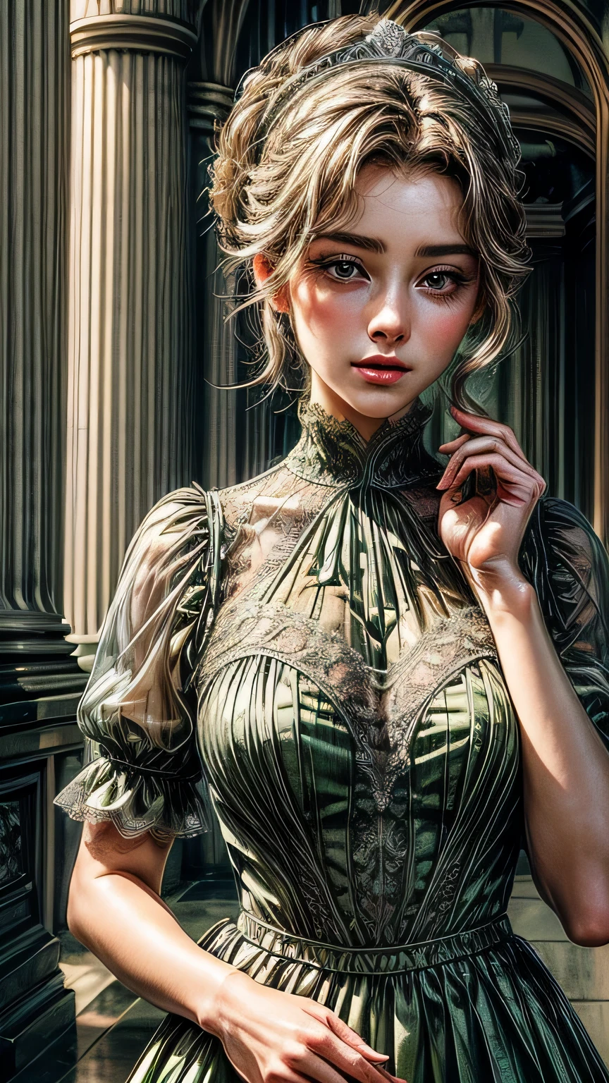 ((high quality work)), The lines are clear and concise., The green dress and beautiful pleated lace complement each other, It enriches the overlap of the whole picture, Elegant Edwardian lace dresses and princess skirts enhance the character, Gesture of turning the back of the hand back , Expresses the gentle and elegant side of women. ((close up of face))、