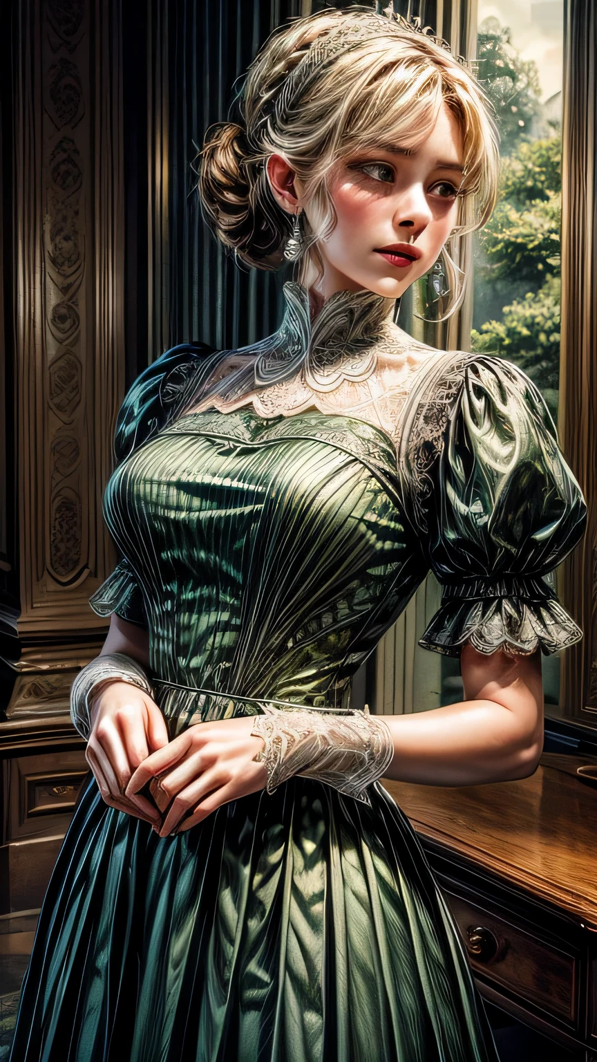 ((high quality work)), The lines are clear and concise., The green dress and beautiful pleated lace complement each other, It enriches the overlap of the whole picture, Elegant Edwardian lace dresses and princess skirts enhance the character, Gesture of turning the back of the hand back , Expresses the gentle and elegant side of women. ((close up of face))、