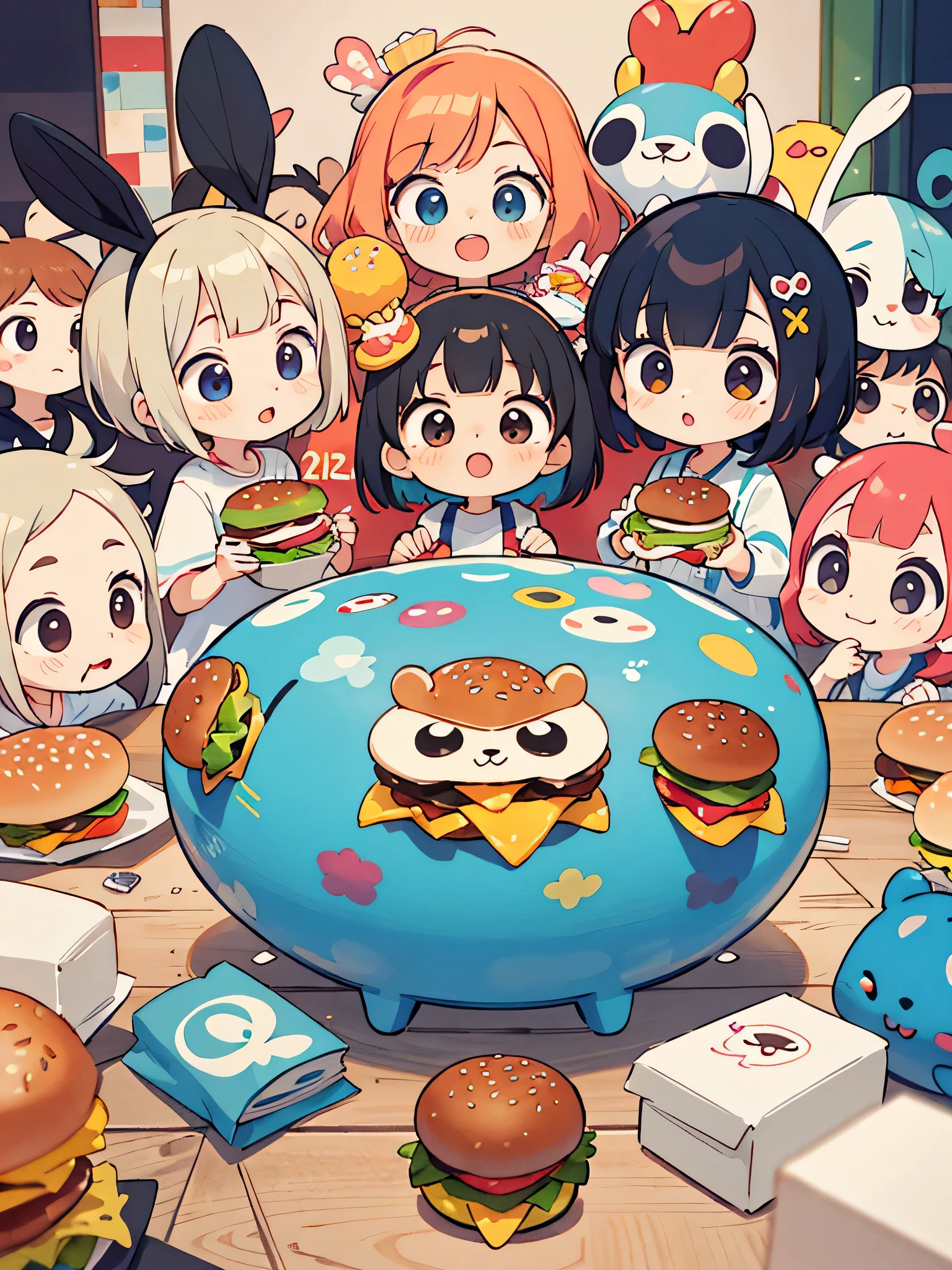 Takashi Murakami style, Kawaii Design, (((20 people)))、most beautiful girl ever、Chibi, Colorful bob hair、((Lots of friends))、children's room、((Everybody eats hamburgercdonalds