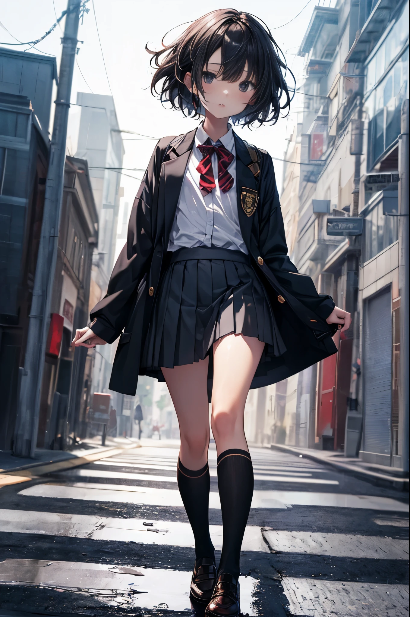 best god quality, Ultra-detailed, anime moe art style,Best Anime 8K Konachan Wallpapers,Pixiv Contest Winner,Perfect Anatomy, (Draw a girl sleepily walking to school. ),BREAK, 1girl a cool beautiful girl, (Solo,Lori,child,13years:1.3),a junior high school student, Androgynous attraction, (Center part very short hair),hair messy, Forehead, Full limbs, complete fingers,flat chest, Small butt, groin, Small eyes,Beautiful detailed black eyes,well-proportioned student,disgusted eye, School uniform, Skirt,On the way to school. BREAK,High resolution,super detailed skin, Best lighting by professional AI, Illustration,