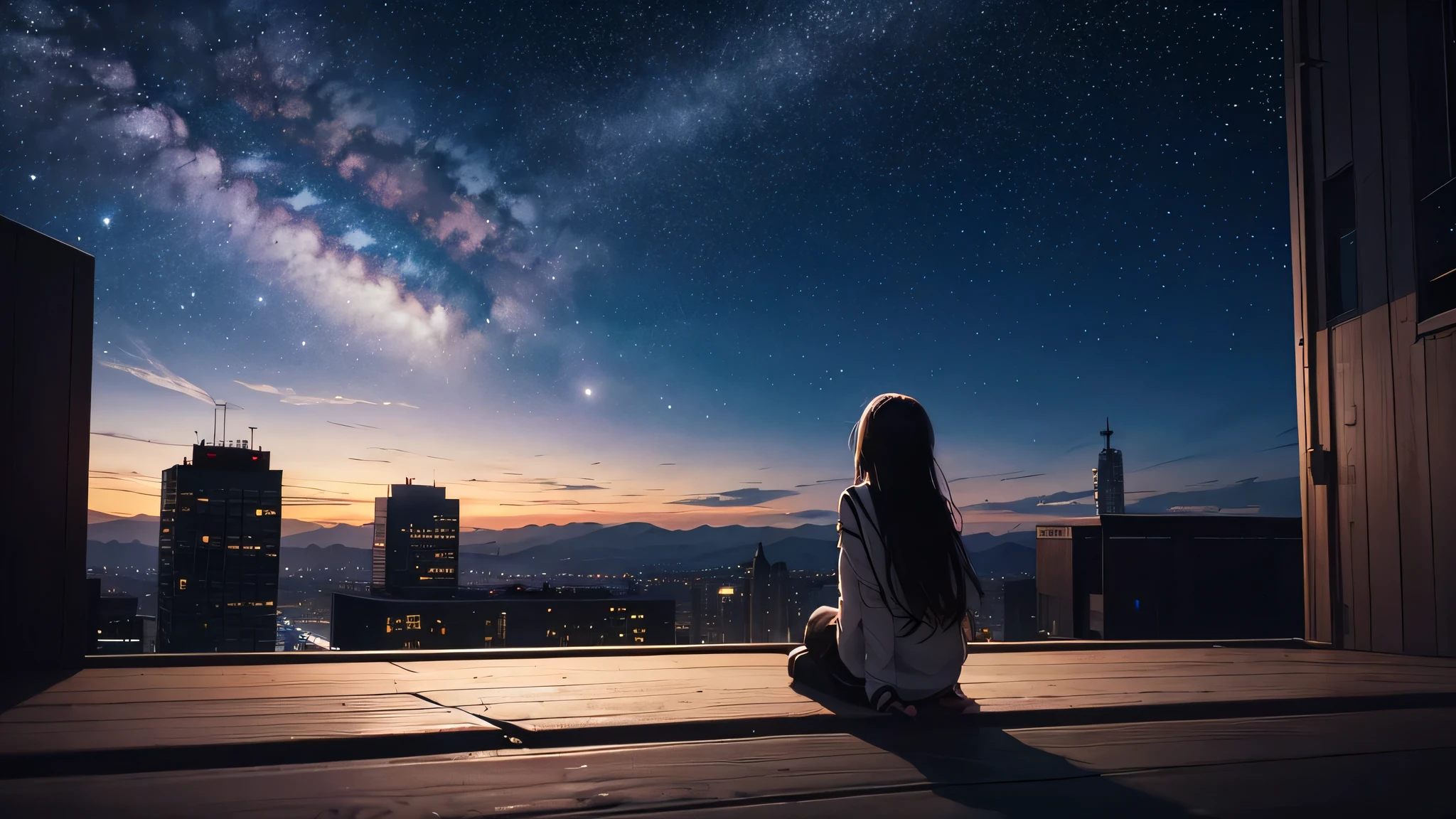 octane, null, star (null), scenery, starry null, night, 1 girl, night null, alone, outdoor, building, cloud, milky way, sitting, wood, long hair, city, silhouette, cityscape