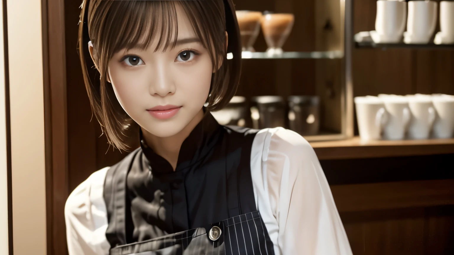 (((Cafe:1.3, Inside the store, Photographed from the front))), ((beauty salon model:1.3,Black and white bicolor dress, japanese woman, cute)), (clean, natural makeup), (highest quality, masterpiece:1.3, 超High resolution), (Super detailed, caustics), (realistic:1.4, RAW shooting), very detailed, High resolution, 16K resolution,neat clothes,CafeInside the storeで撮影