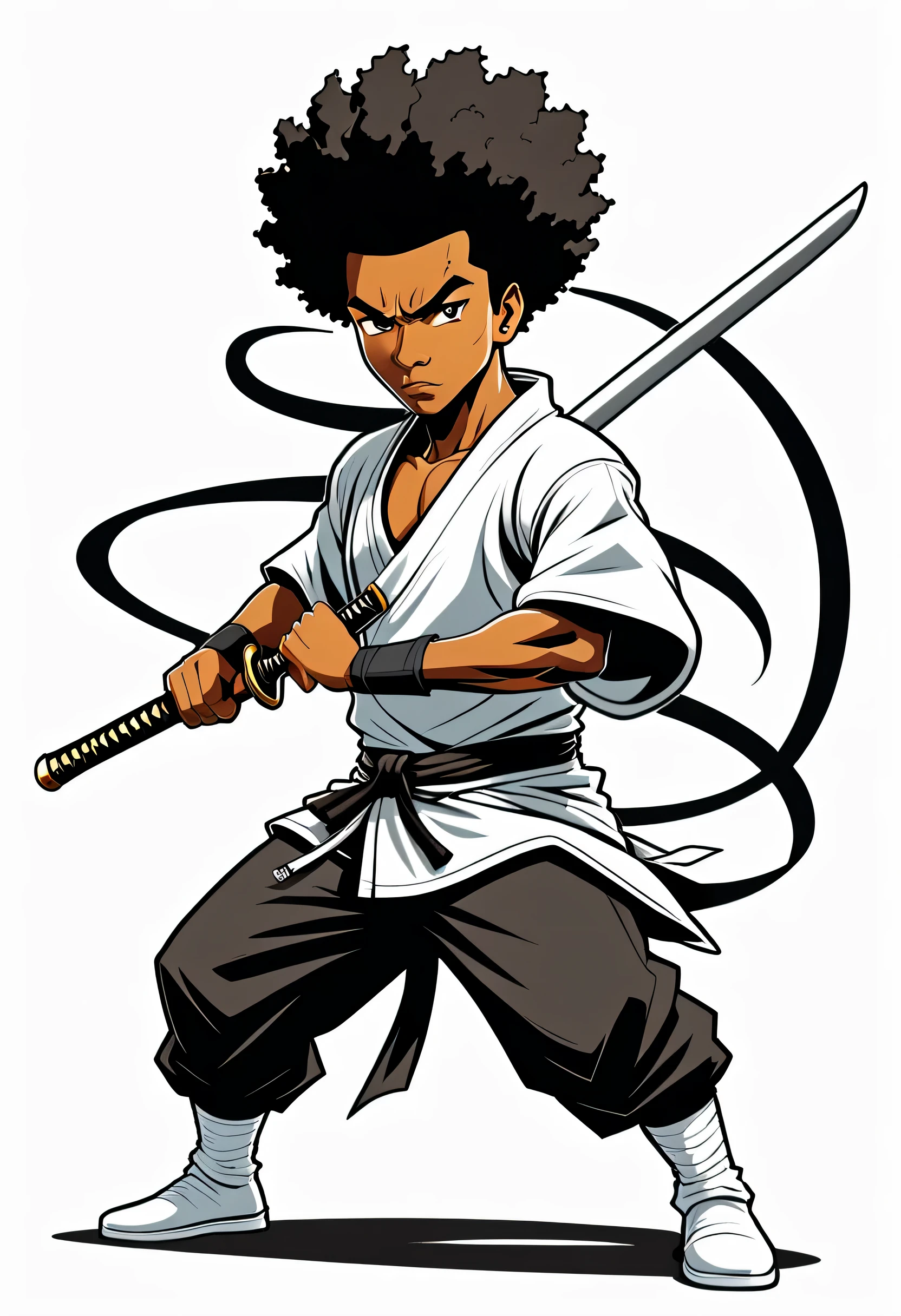 a vector t shirt design, the boondocks style, cartoon Afro ninja character in standing mid-action, wielding a katana sword with finesse. The ninja making a swiftly slices movement with a dynamic motion, against a white background.