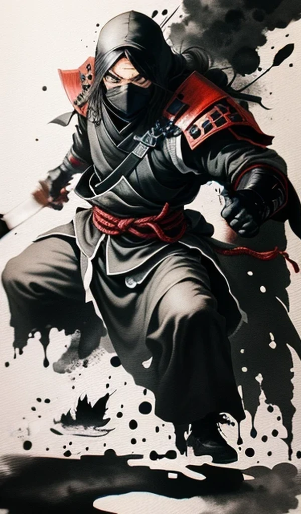 A 2 samurai male he is well shaped , samurai suit ,full body.. fighting pose , with alot of splashing blood and slicing effect, advancing forward.. panoramic perspective