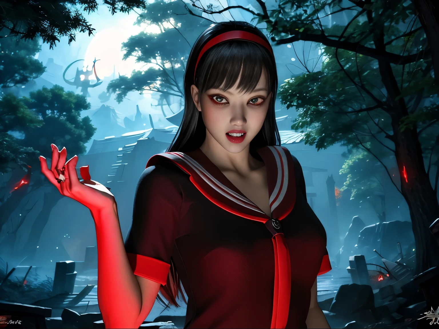(((long sharp double teeth、tooth))),(((吸血鬼のtooth、長く鋭いtooth))),(((Red eyes))),(((Glowing red eyes)))、