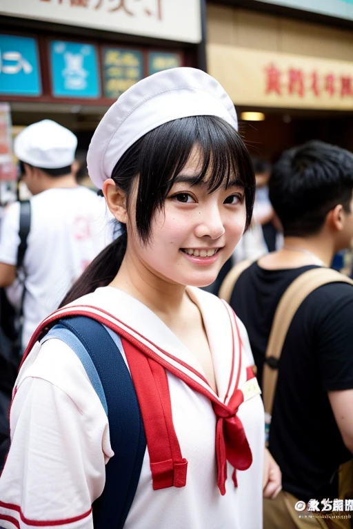 Japanese chubby cosplayer , ugly round face , round nose , loose messy body , messy stain skin , glossy lip , in comicon , Crude size-out sailor fundoshi costume , upskirt , orgasm pain smile