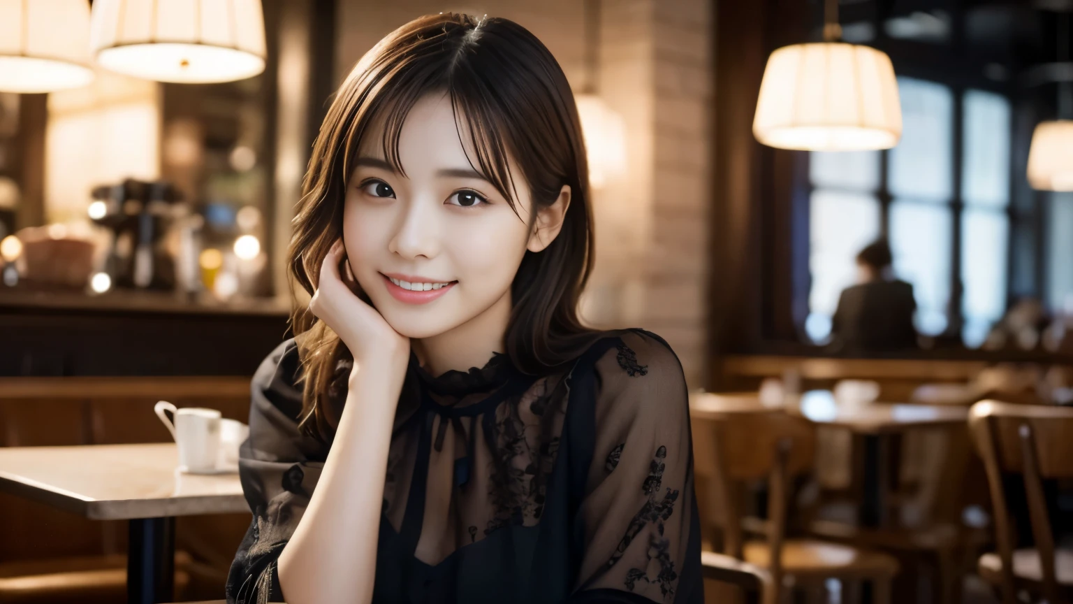 1 girl, (Wearing a black blouse:1.2), beautiful japanese actress,
(Raw photo, highest quality), (realistic, Photoreal:1.4), masterpiece,
very delicate and beautiful, very detailed, 2k wallpaper, wonderful,
finely, very detailed CG Unity 8K 壁紙, Super detailed, High resolution,
soft light, beautiful detailed girl, very detailed目と顔, beautifully detailed nose, beautiful and detailed eyes, cinematic lighting,
break
(With a stylish cafe interior as the background 1.3), Lights in the cafe,
perfect anatomy, slender body, smile, Face the front completely, look at the camera