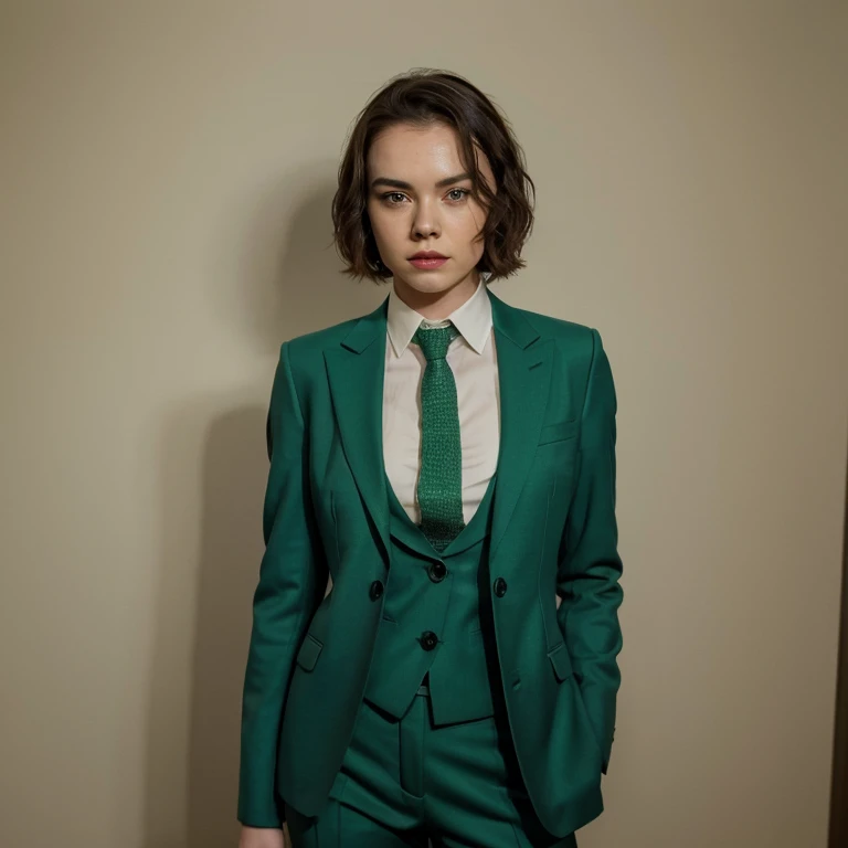 Daisy Ridley dressed in a green suit and tie with painted lips and eyes