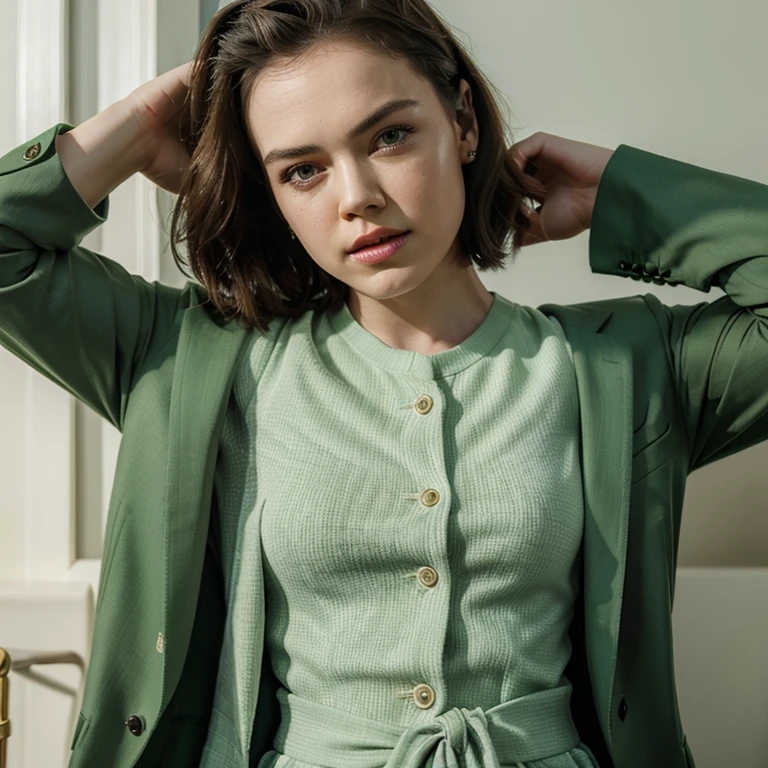 Daisy Ridley dressed in a green suit and tie with painted lips and eyes