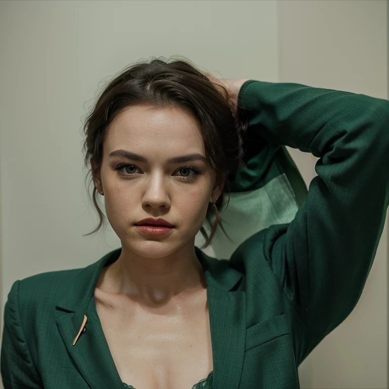 Daisy Ridley dressed in a green suit and tie with painted lips and eyes