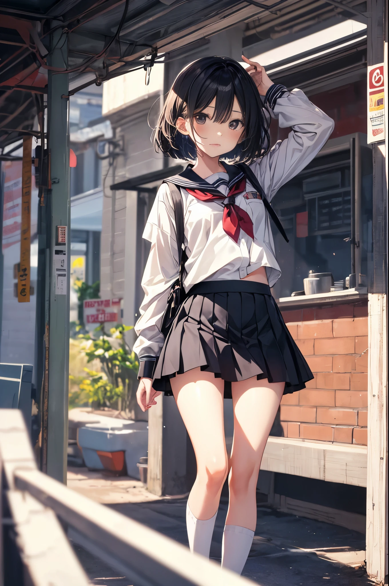 best god quality, Ultra-detailed, anime moe art style,Best Anime 8K Konachan Wallpapers,Pixiv Contest Winner,Perfect Anatomy, (Draw a girl sleepily walking to school. ),BREAK, 1girl a cool beautiful girl, (Solo,Lori,child,13years:1.3),a junior high school student, Androgynous attraction, (Center part very short hair),hair messy, Forehead, Full limbs, complete fingers,flat chest, Small butt, groin, Small eyes,Beautiful detailed black eyes,well-proportioned student,disgusted eye, School uniform, Skirt,On the way to school. BREAK,High resolution,super detailed skin, Best lighting by professional AI, Illustration,