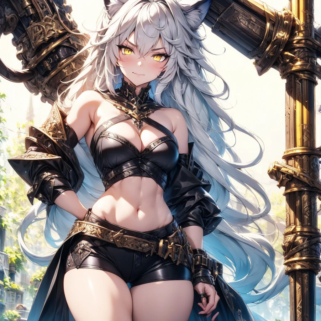 Full body portrait, no croped, 8K, tall beautiful young woman, fluffy wolf tail, white pale skin, smooth skin, especially detailed face, masterpiece, ultra detailed, tmasterpiece, best quality, highlydetailed face, ultra-detailed face, beautiful and aesthetic wolf tailed girl, athletic body, pale white skin, big breasts, curvy, busty, long hair, gray-silver hair, a werewolf young woman, wolf ears, long wolf tail, fluffy wolf tail, wolf-like irises, beautiful, enchanting, bright yellow eyes, detailed eyes, ultra-detailed eyes, accurate eyes, detailed irises, correct body proportions, elegant, small vertical scar under right eye, small rosy lips, cute fangs, wolf fangs, pretty hands, detailed hands, charming, slight blush, shy smile, metal armor, black bike shorts and skirt with stylish metal chains and a black top, detached sleeves, black armor, metal chest armor, armored long bike shorts, long armored skirt, black armored jacket, black metal armor, silver metallic ornaments, bare off shoulders, toned abs, exposed belly, standing pose, hands on hips pose, slight shy grin