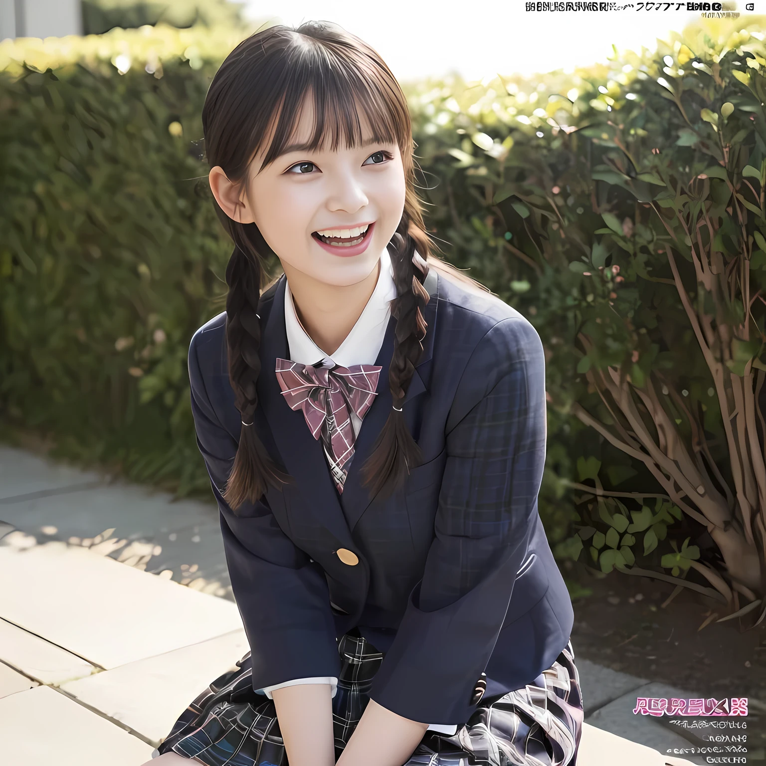 (highest quality、masterpiece:1.2)、highest quality、realistic、photograph、High resolution、1080p、8K、The face is especially pale., physical rendering、((Height: 155cm)), one Japanese girl、((A 15-year-old Japanese junior high school student is sitting)), (((Fashion model in a Japanese magazine))), , (((big very detailed beautiful dark brown eyes))), ((blue girly large wine-red glossy polyester Japanese school ribbon bow tie)), (((black beautiful long twin braids hair))), ((((deep blue colored tartan checkered formal long pleated pleated skirt)))), ((A unpatterned formal dark blue blazer in solid that is slightly oversized and has an emblem on the left chest.)), ((((((laughing at me!)))))), mouth is open, The large blazer and skirt are very cute., detailed fingers, Slender body, ((curled bangs)), so beautiful, long eyelashes, ((Very big and very very very cute eyes of a Japanese girl)), ((large pupils)), double eyelids, The entire skirt is photographed, thin eyebrows, ((drooping eyes)), ((long eyelashes)), ((cute lovely lovely laughing laughing cheeks)), ((Pure white light hits her face from above and in the front, making her skin and eyes shine beautifully.)), ((Strong light hits the nose and cheeks、It brings out the richness of the expression.)), (((((Her face is expressive, pure and very intelligent.))))), (((Shot from the right side)))