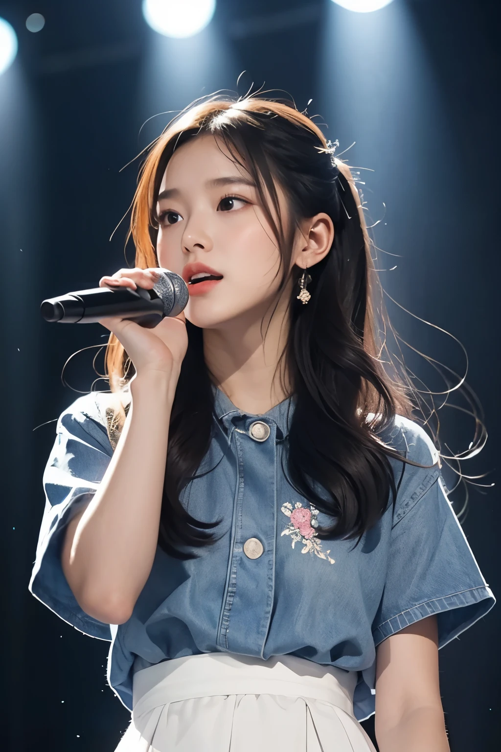 masterpiece, best quality, 8 thousand, 24 years old, photo beast, absurd, award-winning portraits, pure, korean beauty, spring, stage with electronic display, laces, cute, right, healthy, Beloved, perfect hands, A girl singing while holding a microphone in one hand, fluttering hair, Random Actions, 무작위 clothes, (clothes:random color),