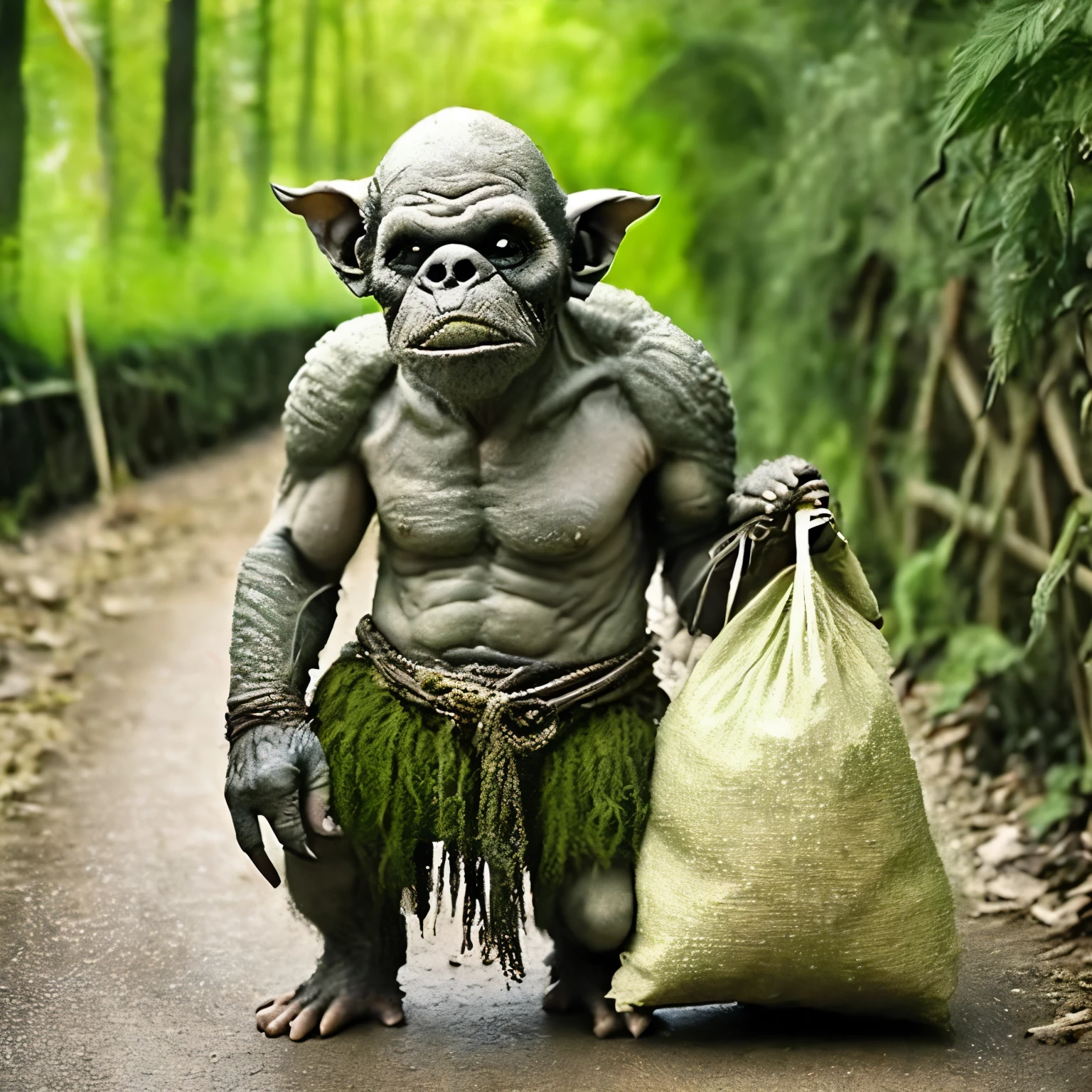 a cute orc, having tatterd hemp bag, coming soon,