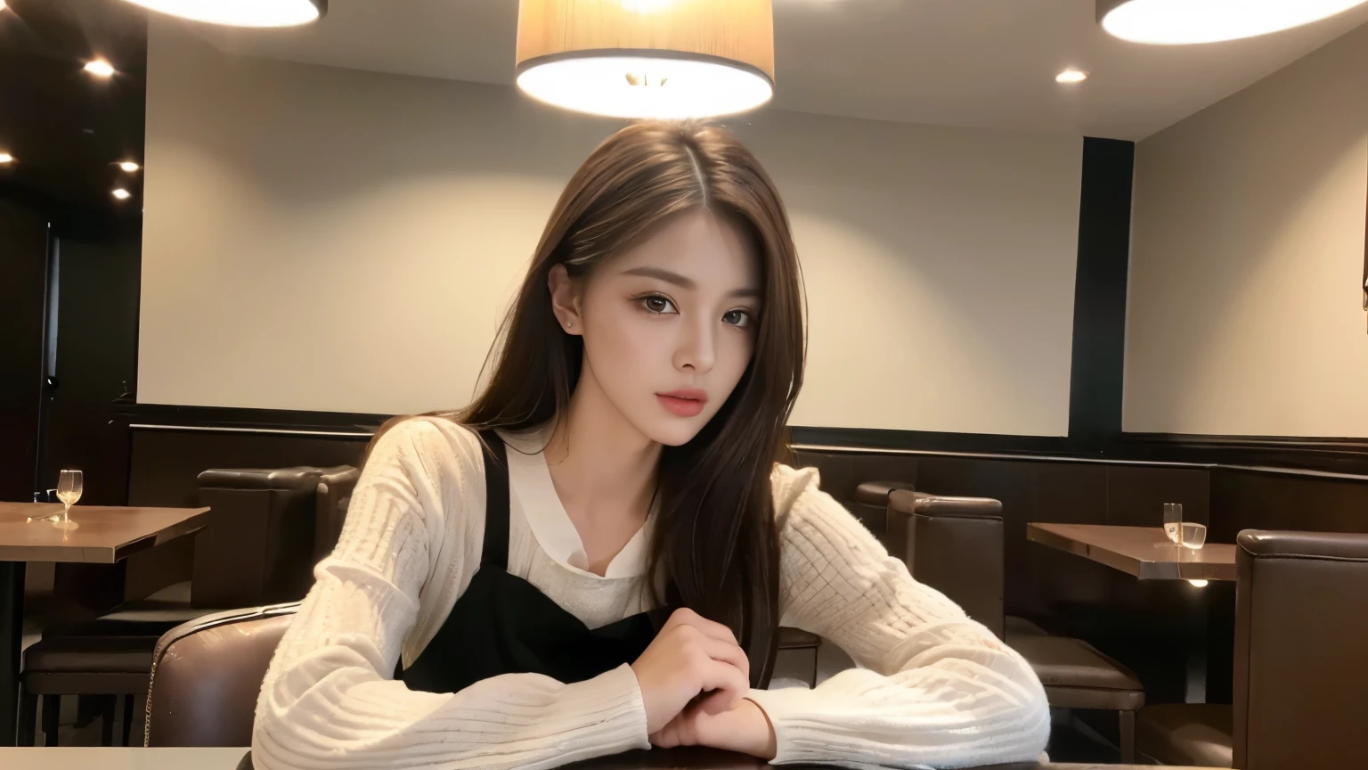 ((realistic lighting, best quality, 8K, master piece:1.3)), sharp focus:1.2, 1 girl, beautiful woman with perfect figure:1.2,  ((dark brown hair)), (Leisure Set:1.2），Inside a stylish cafe，Extra-fine face，fine eyes，double eyelid，
