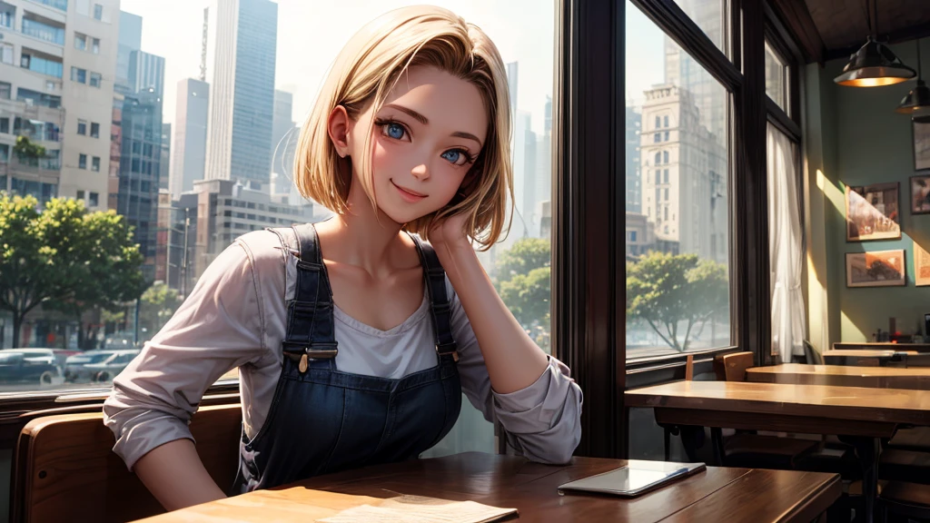 original photo, best quality), 1 girl, Android 18, natural lighting, Upper body, cafes, Smile, Satosh Khan Art Style