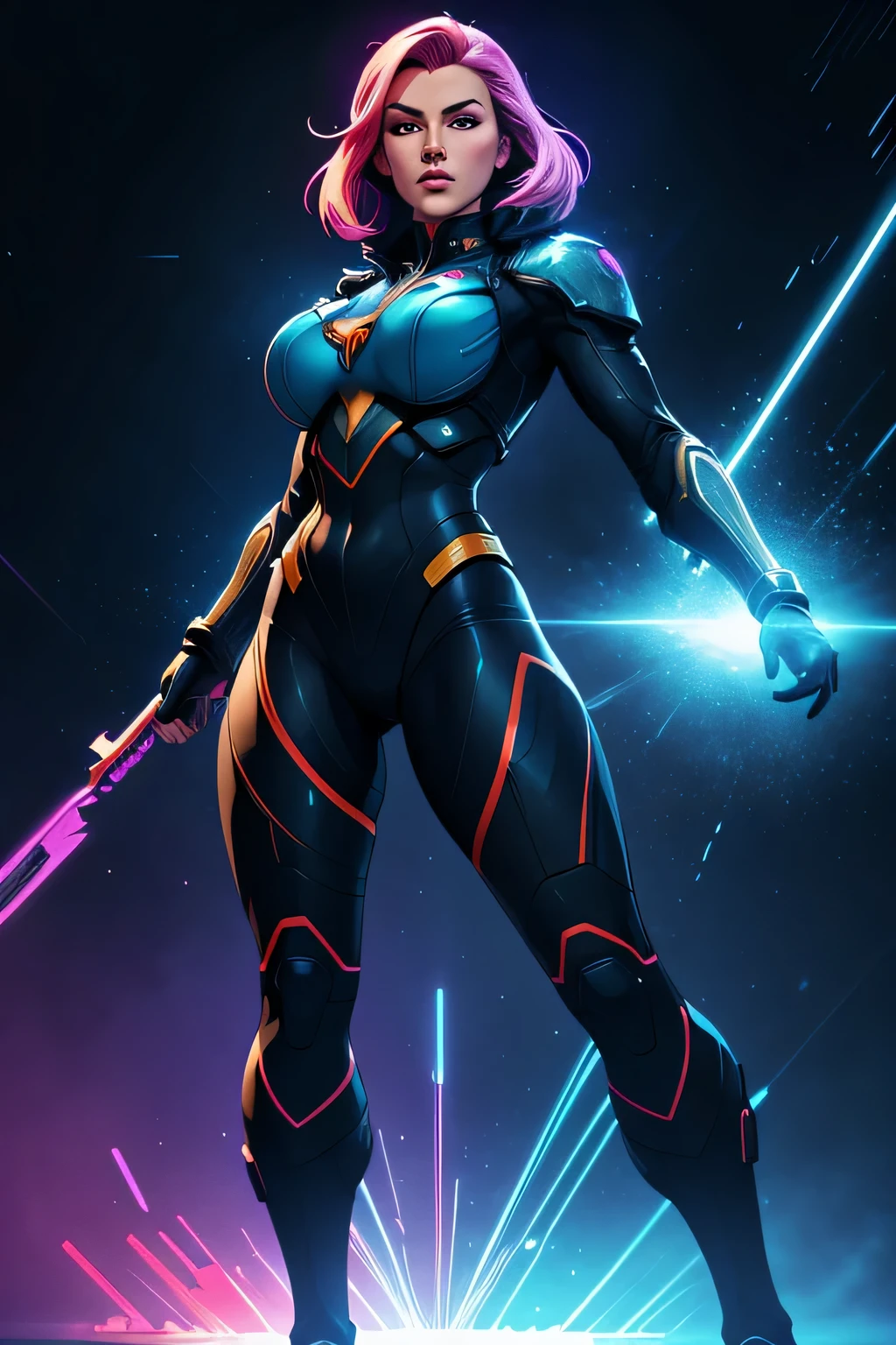 The prompt for the given theme is as follows:
"Full body shot, beautiful face, cel-shading style, ultra detailed illustration of a futuristic female combat marine, light particles, strong outlines, centered image, HDR, vivid colors, highres, professional stylized artwork"