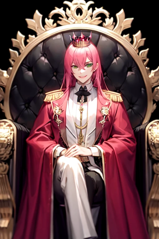 A villainous man with pale skin, green eyes, long pink hair, smiling mischievously on a throne dressed as an old-time emperor with a giant crown. Above it there is a title that says "The abyss of resurrection"