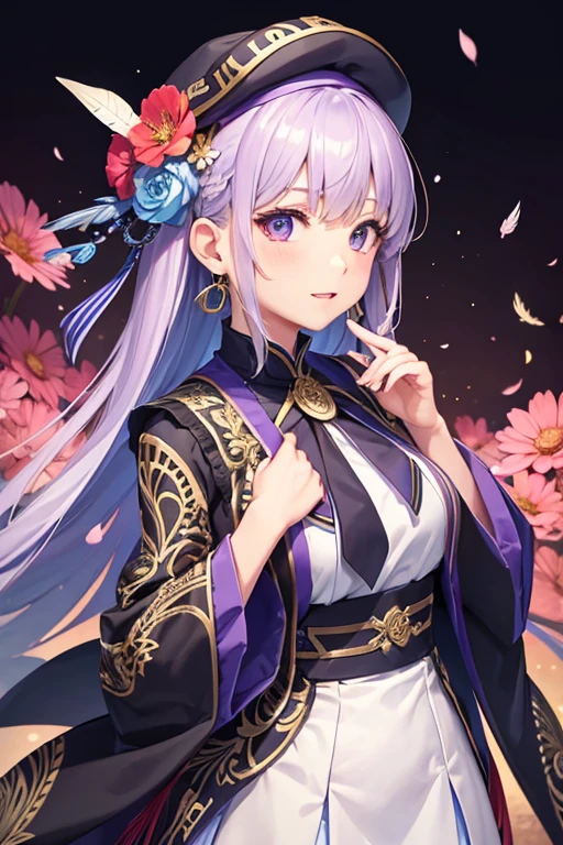 Academic dress, Academic gown, Mortar board, Square cap, University Campus, building,Girl with light purple hair and eyes, Detailsed uniform, look at the audience,depth of field, Bokeh, Detailsed 自然光的漫射, Gives a natural skin glow, Face focus, Detailsed, (abstract background, Zentangle, fractal art:1.3), (Many colors, rich and colorful:1.1), (feather, petal, flowers:1.3), earrings