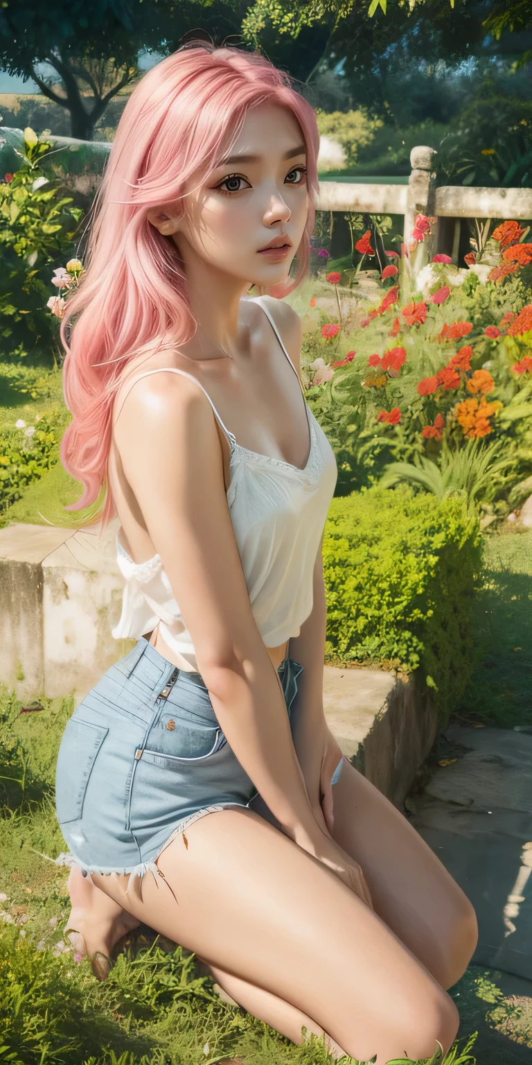 (Garden-shaped city below:1.4),(Los rascacielos del futuro atraviesan el mar:1.2),(Hermosa chica parada en el borde de la cascada)，hombros descubiertos, fclavbone, (nalgas desnudas:1.2),, cabello rosado, pelo largo, Auricular,, orejas de gato, Cofre de agarre,, gargantilla,, muslos rosados, , tema rosa, petals,(((obra maestra))),(((Mejor calidad))),((ultra detallado))((CG extremadamente detallado)),((fondo de pantalla de 16k))((un extremadamente delicado y hermoso)),{fotorrealista},cuerpo completo, luz detallada,full bloom,,,A recording masterpiece from the Canon EOS R6,((obra maestra)) ,cinematic light,motor irreal 5,La piel cremosa y suave,Debajo del busto,Con vista a,Vistas extremas