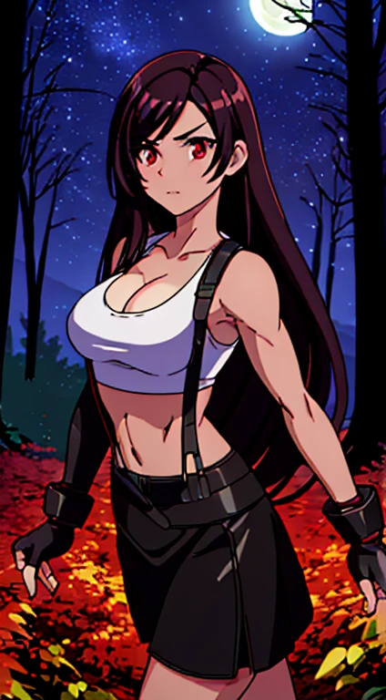 masterpiece, best quality, tifa lockhart, final fantasy vii, 1girl, anime style, cell shading, long black hair, reddish-brown irises, medium breasts, small waist, perfect figure, athletic physique, highly detailed, expressive eyes, perfect face, white crop top, cleavage, elbow pad, fingerless gloves, suspenders, black leather miniskirt, looking at viewer, walking, front shot, (Background: Outdoors, in the forest, night, moon light luminating on the forest floor)
