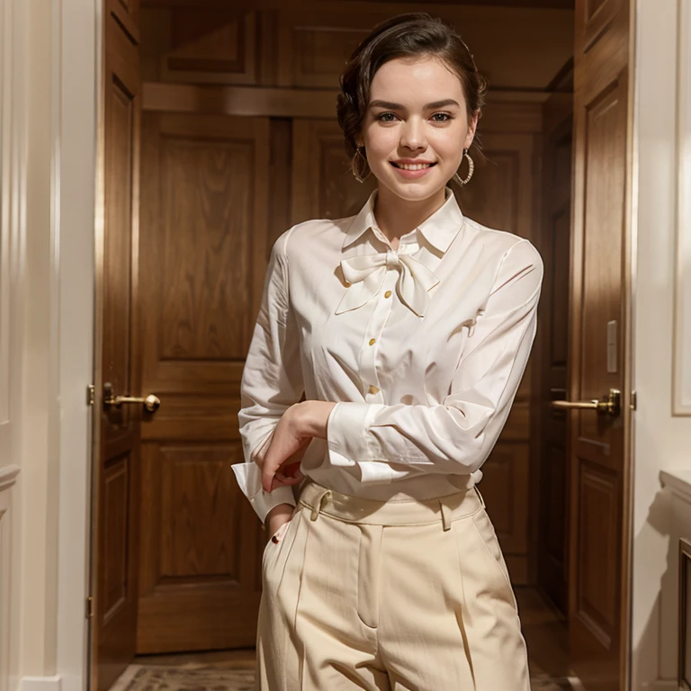 Daisy Ridley dressed in dress shirt with bow and pants smiling wearing large earrings