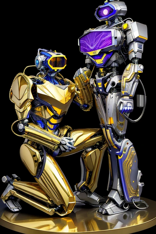 5 8K UHD、A mechanical beauty in a gold metallic body wearing glasses is kneeling、A silver metal robot with shiny skin