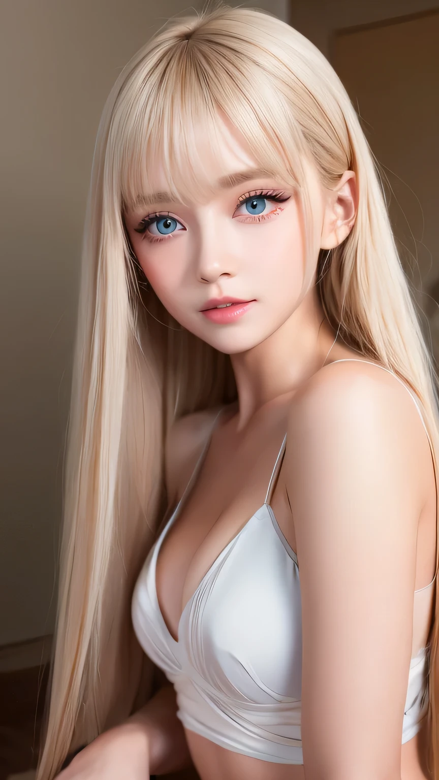 Exceptional sexy beauty、Beautiful calm and bright expression、sexy refreshing look、Perfect beautiful cute face with long bangs、Super long shiny platinum blonde straight hair、beautiful face hair、Very cute beautiful sexy young little woman、very perfect beautiful cute face、Large, bright, light blue eyes that shine beautifully、very big eyes、small face beauty、cheek gloss highlight、round face
