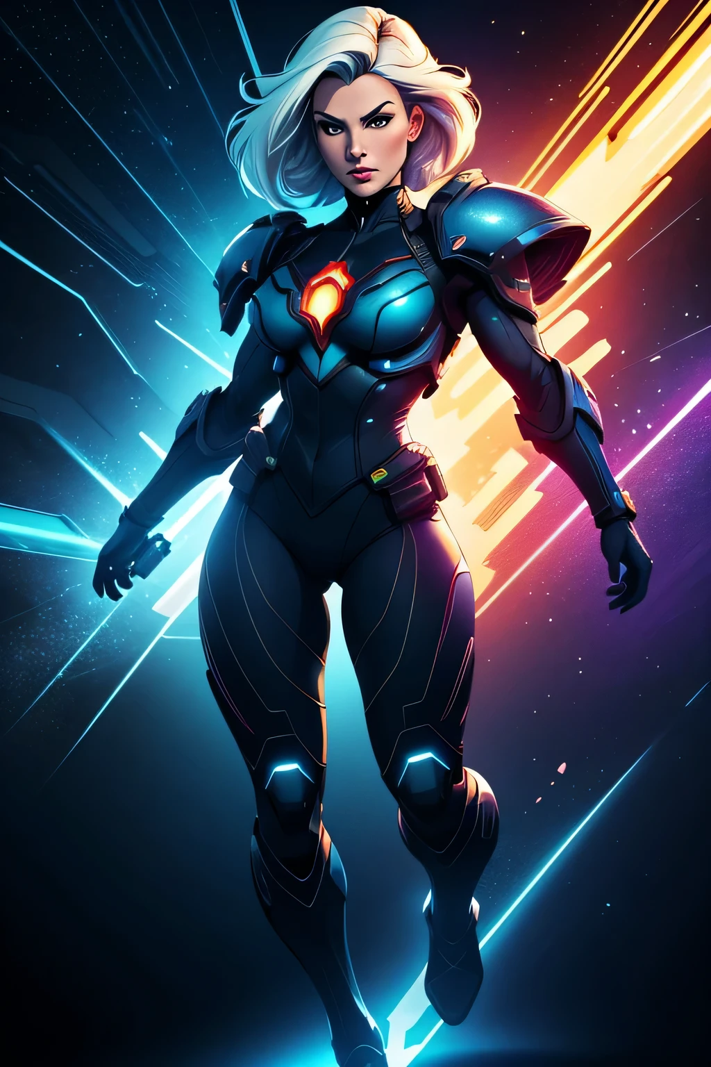 The prompt for the given theme is as follows:
"Full body shot, beautiful face, cel-shading style, ultra detailed illustration of a futuristic female combat marine, light particles, strong outlines, centered image, HDR, vivid colors, highres, professional stylized artwork"