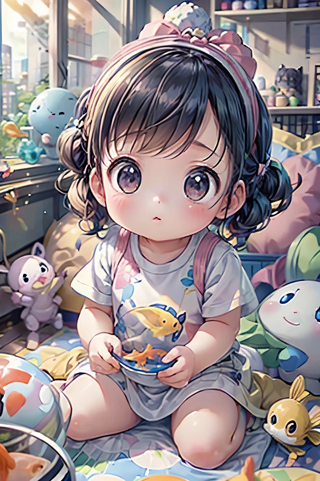 (muste piece:1.2)、(Highest image quality:1.1)、(Super fine:1.1)、(realism:1.2)、(colorful:1.2)、(-facel)、(Japanese:1.1)、(Clothing Samples:1.1)、(Girl playing with goldfish scoop:1.3)、(colorfulコンタクトレンズ:1.2)、(full body shot:1.2)、(summer:1.1)