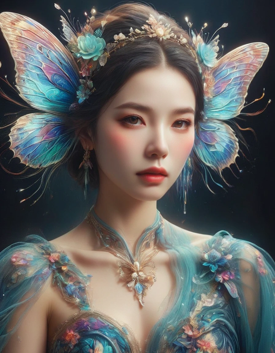 Create a surreal portrait of a woman with butterfly wings, Her presentation should be dreamlike and ethereal, with the vibrant, outlandish colors and improbable, distortion-filled artistry characteristic of Surrealism, a movement prevalent in the early 20th century, Think of the intricacy and strangeness often associated with visual illusions, Let her gown flow in an eerily graceful manner, This portrait should be captured as if viewed through a macro lens, accentuating each fine line and elaborate detail, Though it is a fantasy-inspired piece, the realism in the details should not be compromised., Eyes on the audience, first-person view, pov, cowboy shot, UHD, masterpiece, ccurate, anatomically correct, textured skin, super detail, award winning, best quality, 8k