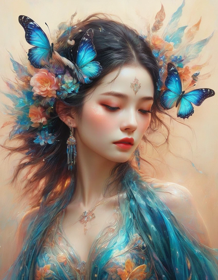 Create a surreal portrait of a woman with butterfly wings, Her presentation should be dreamlike and ethereal, with the vibrant, outlandish colors and improbable, distortion-filled artistry characteristic of Surrealism, a movement prevalent in the early 20th century, Think of the intricacy and strangeness often associated with visual illusions, Let her gown flow in an eerily graceful manner, This portrait should be captured as if viewed through a macro lens, accentuating each fine line and elaborate detail, Though it is a fantasy-inspired piece, the realism in the details should not be compromised., Eyes on the audience, first-person view, pov, cowboy shot, UHD, masterpiece, ccurate, anatomically correct, textured skin, super detail, award winning, best quality, 8k