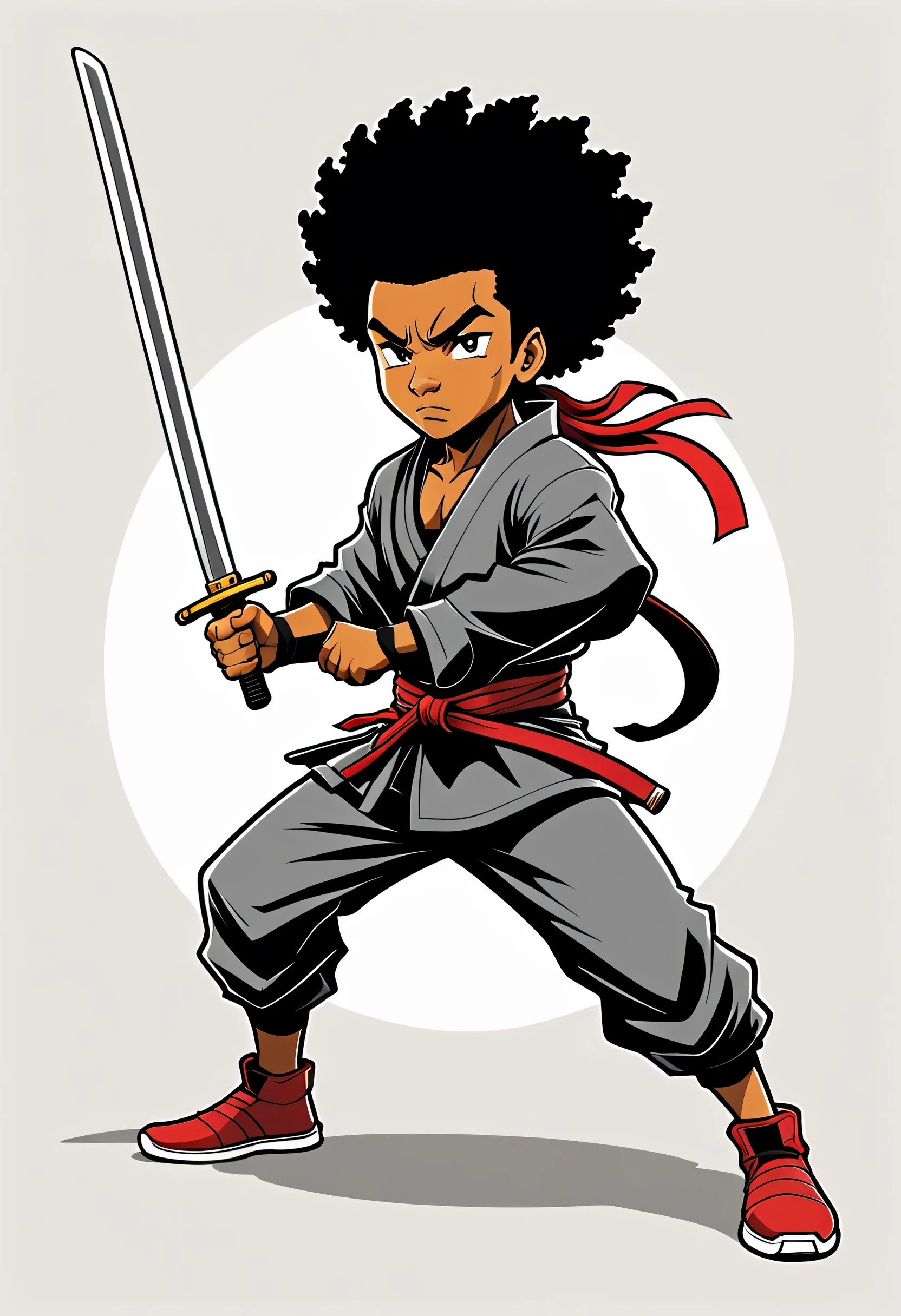a vector t shirt design, the boondocks style, cartoon Afro ninja character in standing mid-action, wielding a katana sword with finesse. The ninja making a swiftly slices movement with a dynamic motion, against a white background.