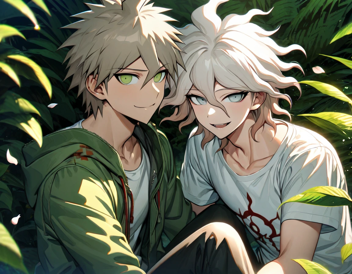 Ultra detailed, Highres, absurdres, HDR, Komaeda Nagito, white hair, silver eyes, Hinata Hajime, light brown hair, Danganronpa, green long coat, white tight t-shirt, black pants, smirking, green leaves, summer, flowers and petals, handsome, 2 man together, gay couple