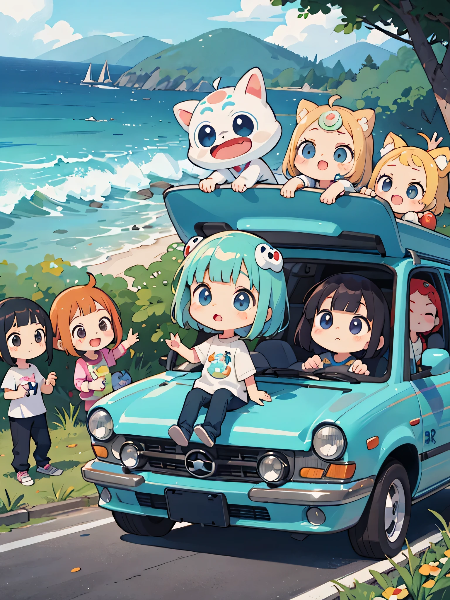 Takashi Murakami style, Kawaii Design, (((20 people)))、most beautiful girl ever、Chibi, Colorful bob hair、((Lots of friends))、children's room、((Car drive))、coastline