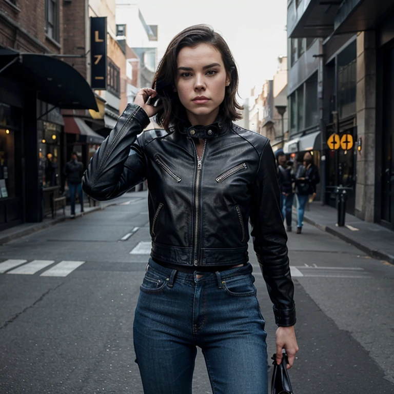 Daisy Ridley dressed in leather jacket and jeans with the bad girl look