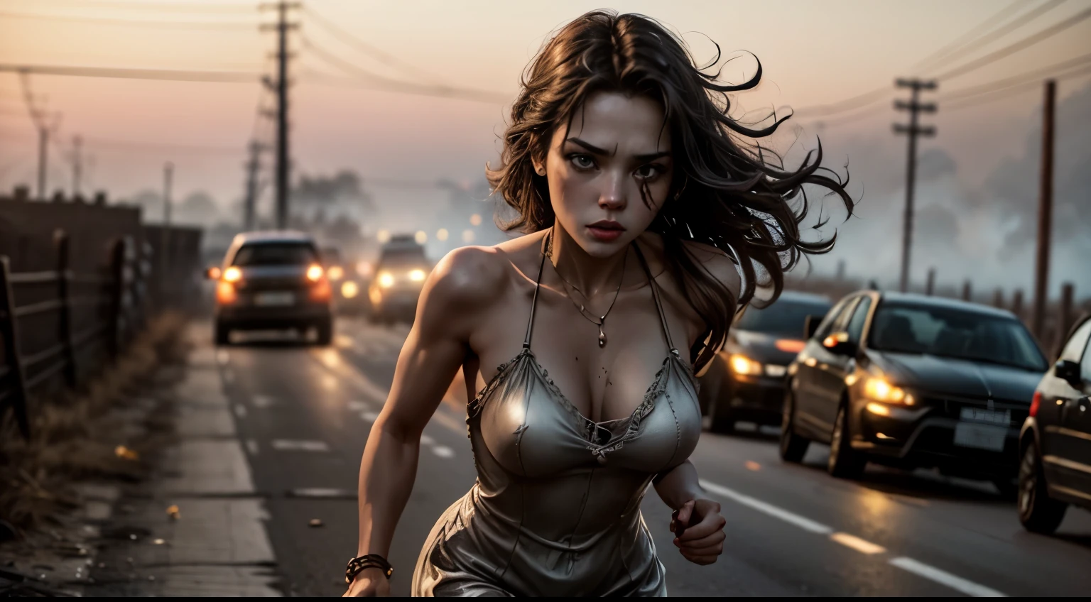 18 year old brunette girl, torn dress long hair, running away terrified holding an axe in her hands being chased by Jason from Friday the 13th,in an alley in the city at night,(8k RAW)