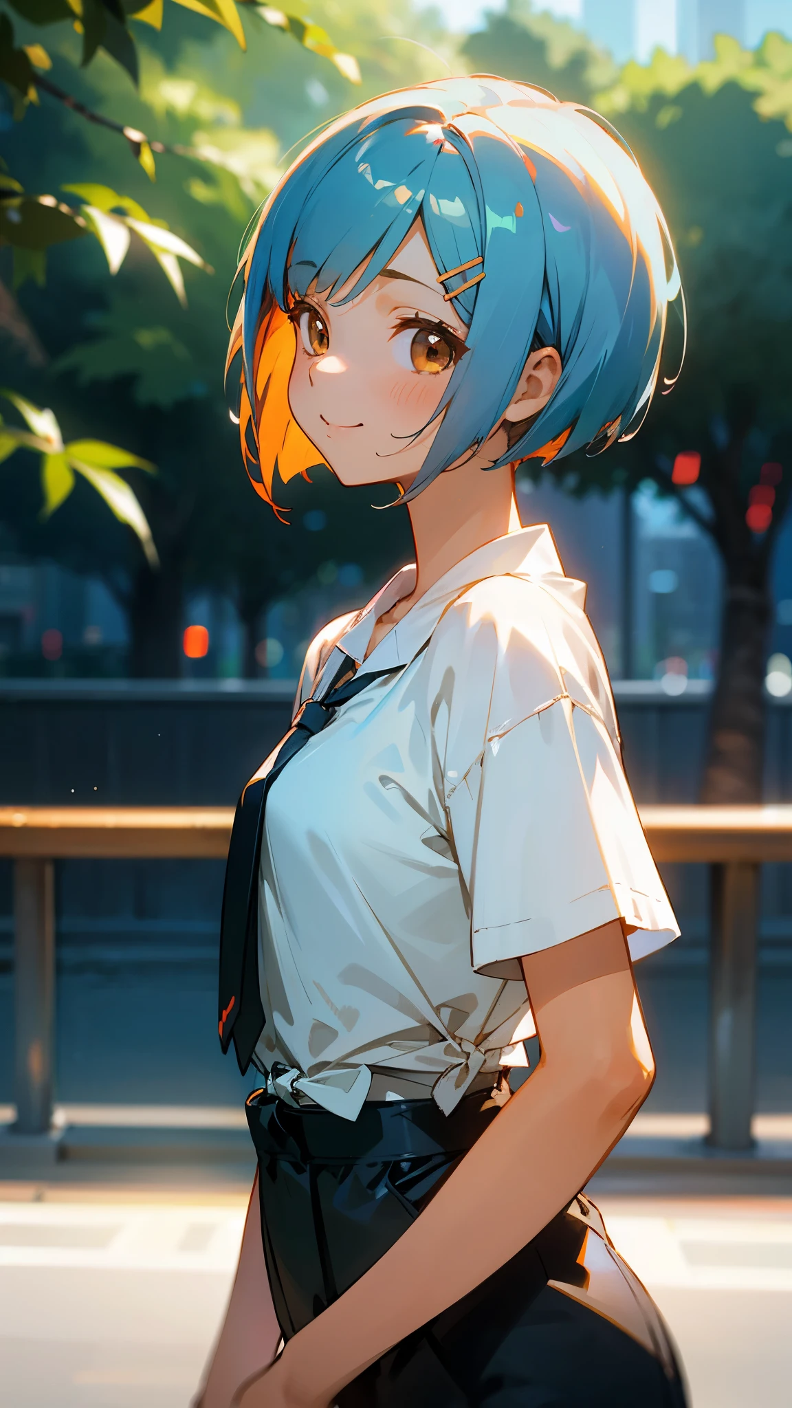 1 girl、anime picture、cute woman、shrimp、Glossy light blue hair、short bob hairstyle、Tie your hair with an orange hair clip、Beautiful brown eyes、smile、From the side、Simple T-shirt、shorts、sharp outline、Morning Cafe Terrace、background bokeh、written boundary depth