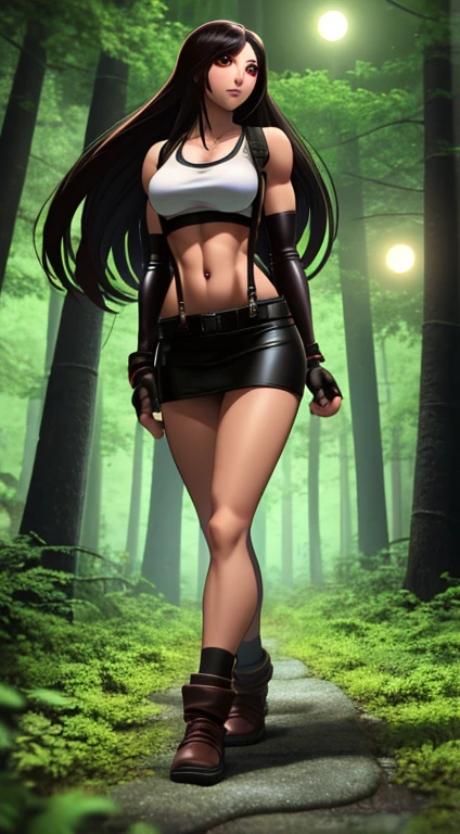 masterpiece, best quality, tifa lockhart, final fantasy vii, 1girl, anime style, cell shading, long black hair, reddish-brown irises, medium breasts, small waist, perfect figure, athletic physique, highly detailed, expressive eyes, perfect face, white crop top, cleavage, elbow pad, fingerless gloves, suspenders, black leather miniskirt, looking at viewer, walking, front shot, (Background: Outdoors, in the forest, night, moon light luminating on the forest floor)
