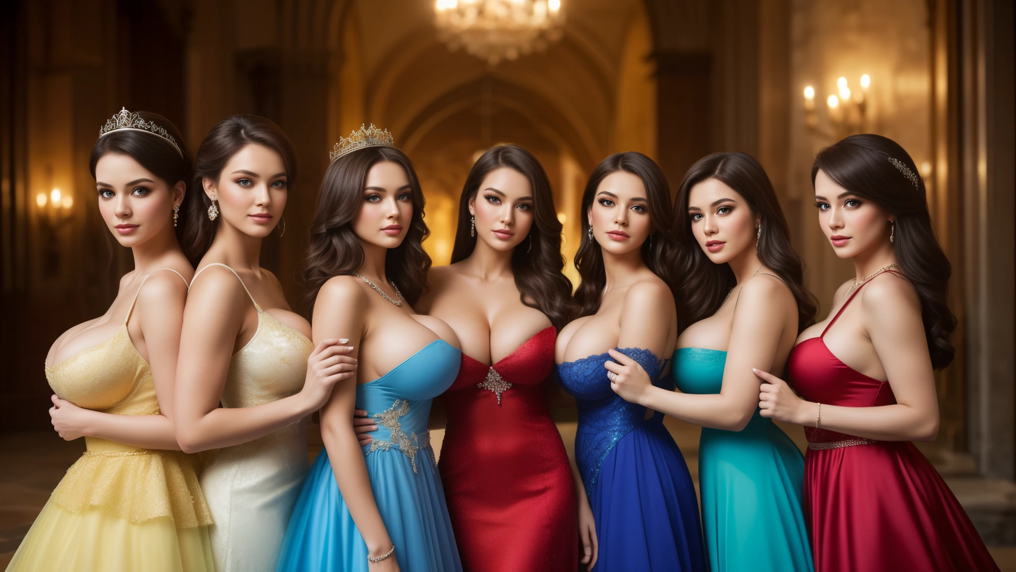 masterpiece,best qualtiy,hdr, hyper HD, 8K,Bokeh,Ultra-fine painting,Sharp focus,Physically-based rendering,Extreme detail description,full-body photo, perfect eyes, perfect hands, perfect body, perfect hair, (EOS R8, 50 millimeters, F1.2, 8K, RAW photo:1.2), photograph by arny freytag, (???????????:1.3), (kissing:1.3), (holding boob:1.2), disney princesses in their famous dresses posing inside a castle