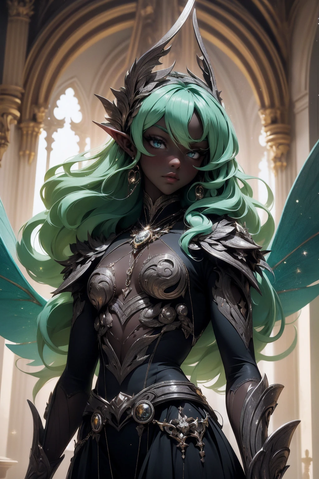 (Absurd, high quality, ultra -compared, careful with the hand) fairy, fairy wings, dreamer body, vivid, romantic and all. Optimistic face, just lies, without entry and intellectual. Reckless style, cold heart, impatient and too confident. Gray eyes, ripe and dark (eyes of the eyes), enchanted fairy (pixie) . medium curly hair, green hair. In the carnival row illustration, flying. Whole body, sitting on the ground, black skin (black skin) 