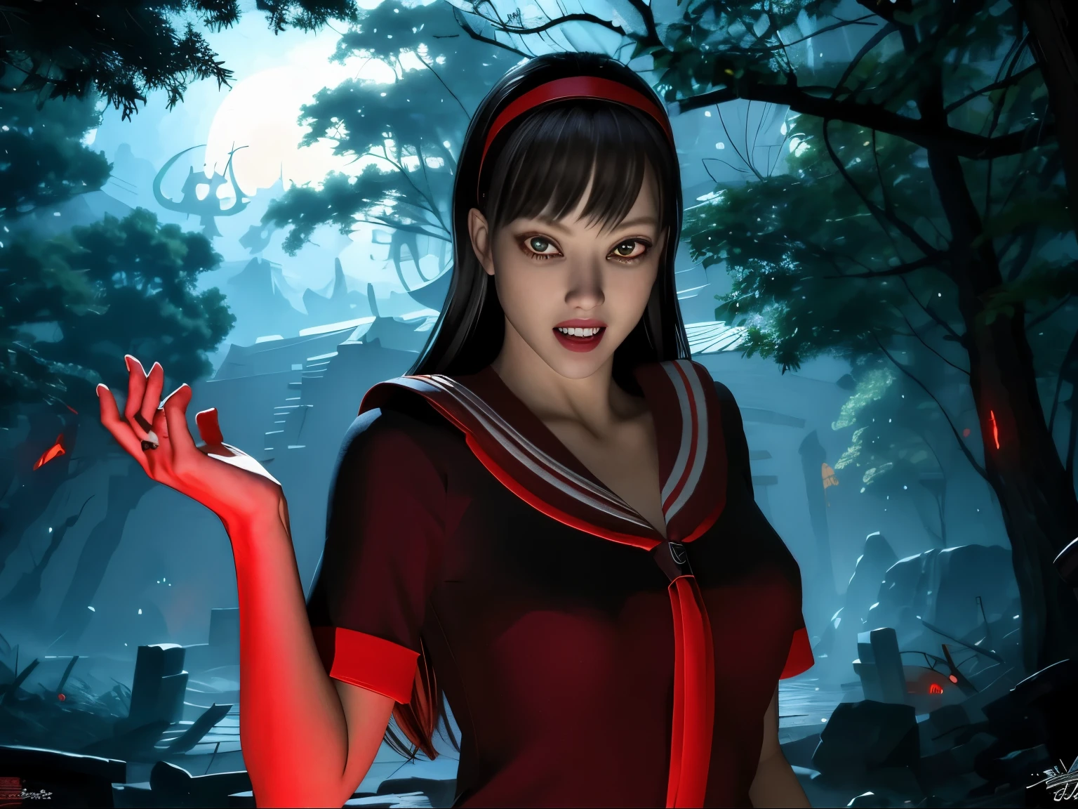 (((long sharp double teeth、tooth))),(((吸血鬼のtooth、長く鋭いtooth1.6))),(((Red eyes))),(((red glowing eyes)))、