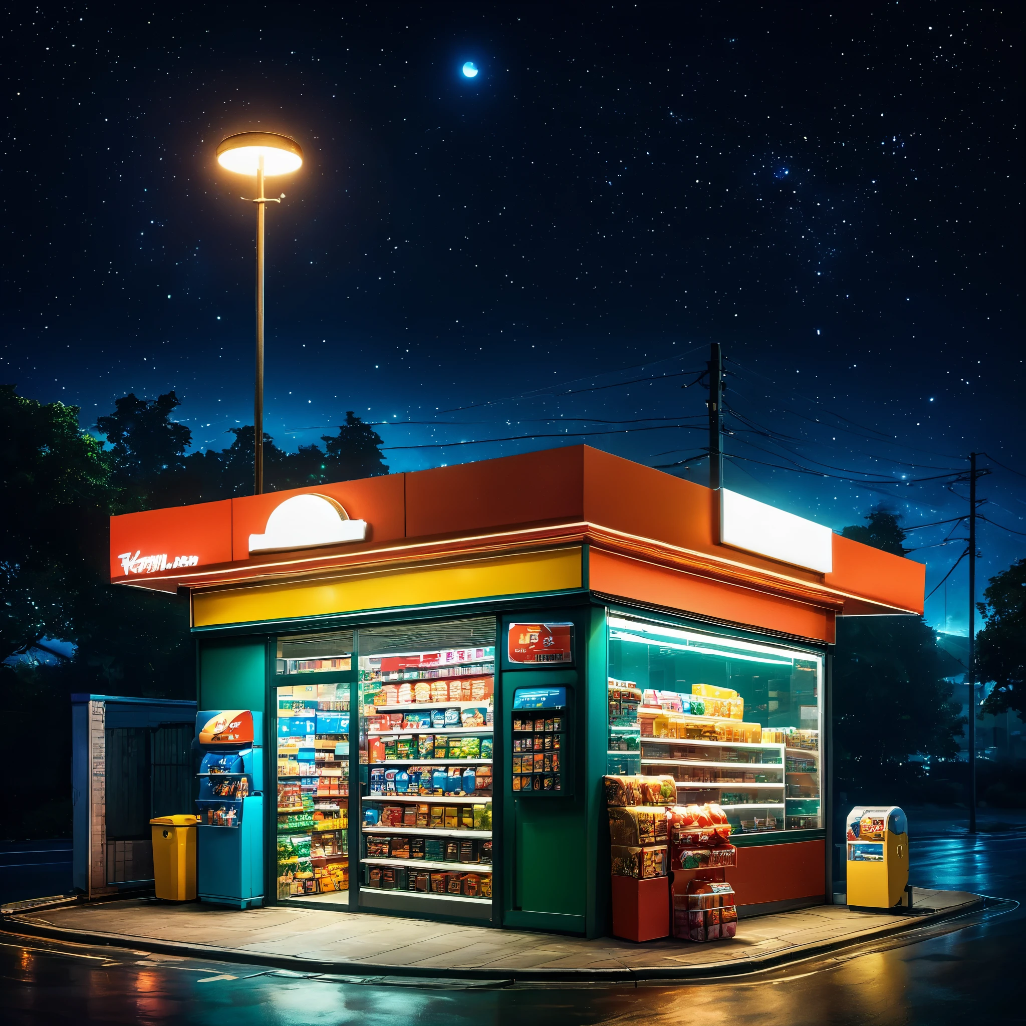 Convenience store on the road，midnight，night，street lamp