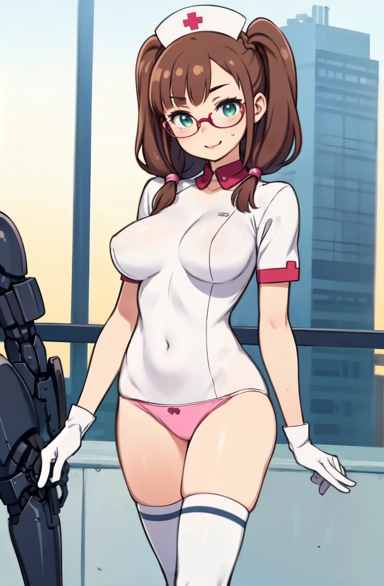 highest quality, High resolution,Anime Screen Capture, SF、three women、realistic, masterpiece, highest quality, perfect anatomy, (fine eyes), (nurse, huge breasts、Chubby), Sweat, city,、((White Pink Sci-Fi Suit、Mechanical protector、white gloves、White pink knee socks、pink panties))、 green eyes、hand on chest、short hair、((brown hair)) ,braid pigtails、 ((blush))、(wide hips)、smile、 closed one eye、((((embarrassing))))、((Red Rim Glasses))、Are standing