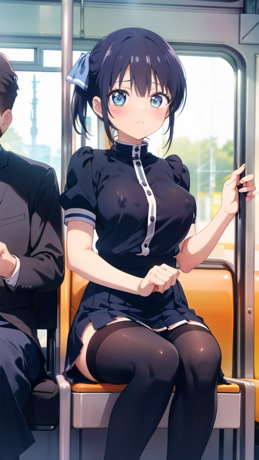 table top、High resolution、2 people、2 people girl、twins、2 cute girls、big and full breasts、naughty body、underwear only、see-through、pink lingerie、throw、sit on the seat、Looking up at me、confused face、blush、black pantyhose、The shape of a woman's private parts is clearly visible、nipples are visible、navy checkered skirt、micro mini skirt、very short skirt、inside the train、train、molestation、A man touches my body、a lot of people、in the crowd、man sitting next to、A man also touches my thighs、open your legs、no panties、hold the penis with one's own hand、Put a vibrator in your tights